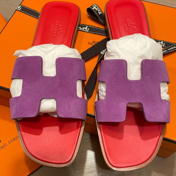 LBNIB AUTHENTIC HERMES Suede Purple & Hot Pink Orans SZ. 38.5 or 8.5 - Picture 8 of 14